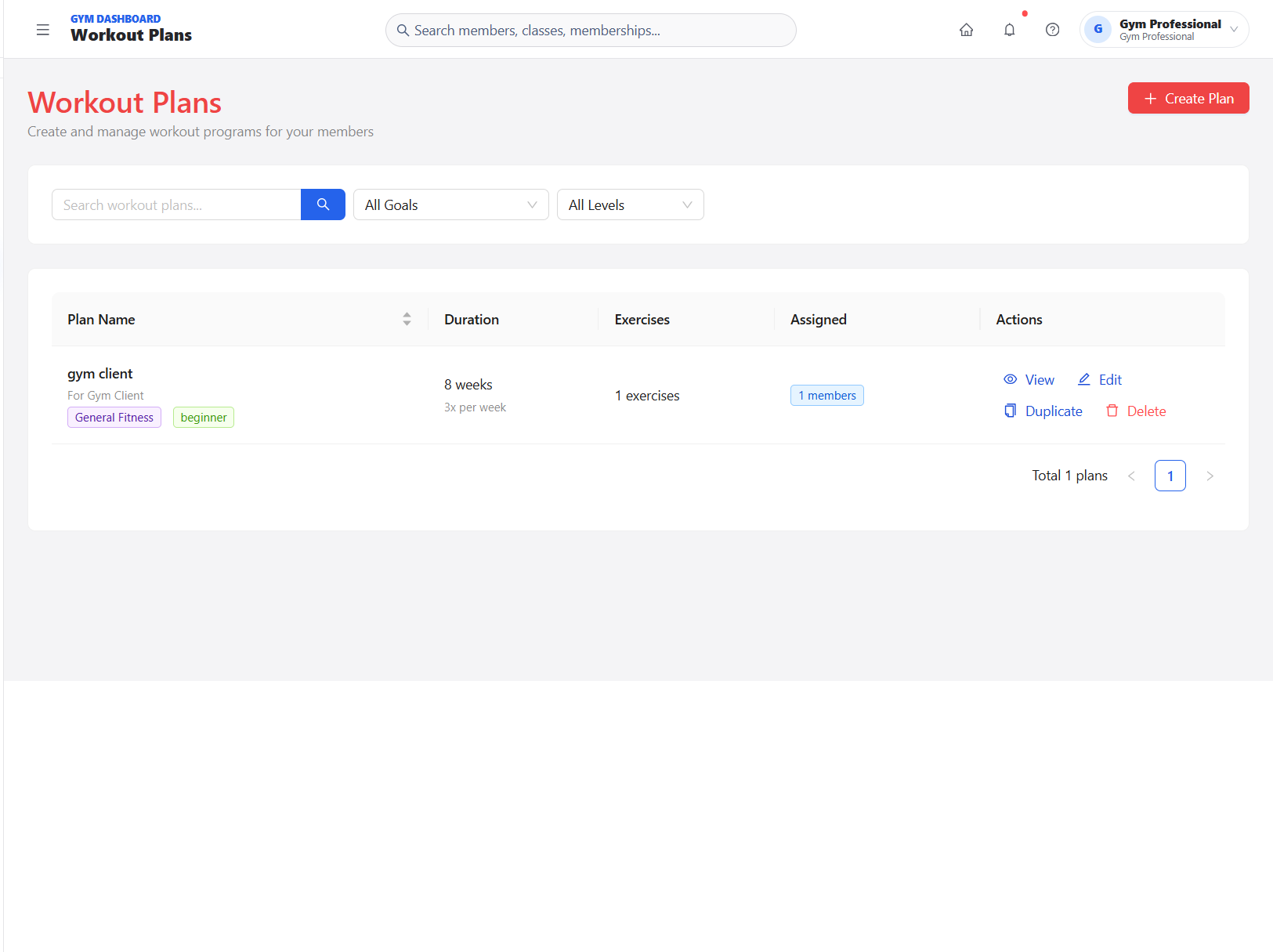 LevoroFit workout plans dashboard